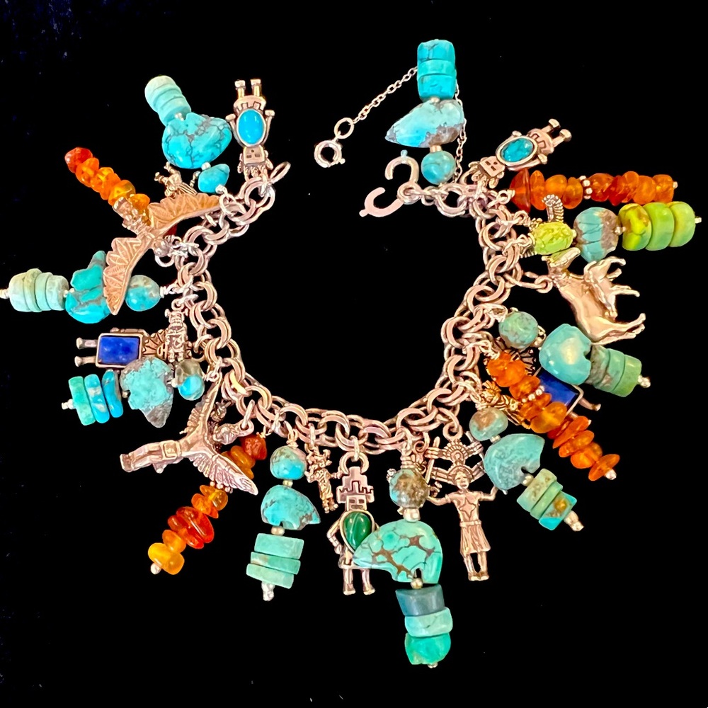 Vintage Turquoise & Amber Multi-Charm Bracelet